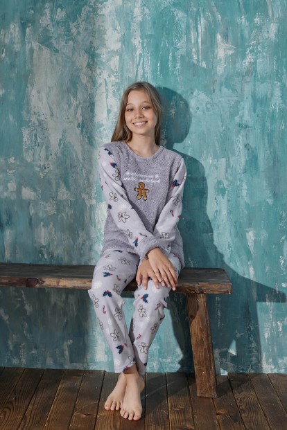 Gri Wonderland Desenli Kız Çocuk Peluş Pijama Takım - 2