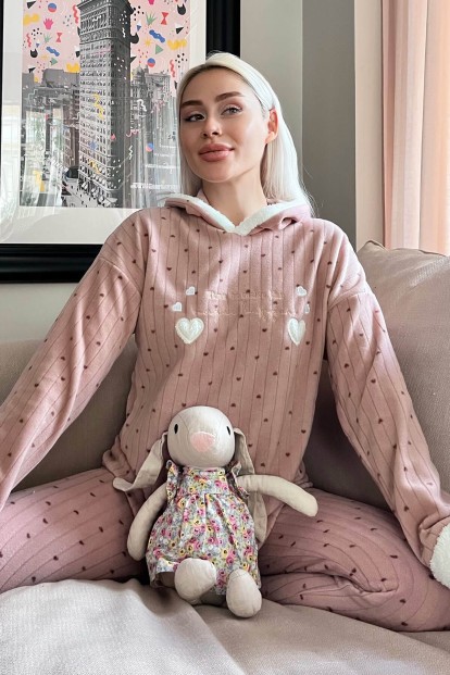 Kahve Heart Magic Desenli Kapşonlu Peluş Polar Pijama 