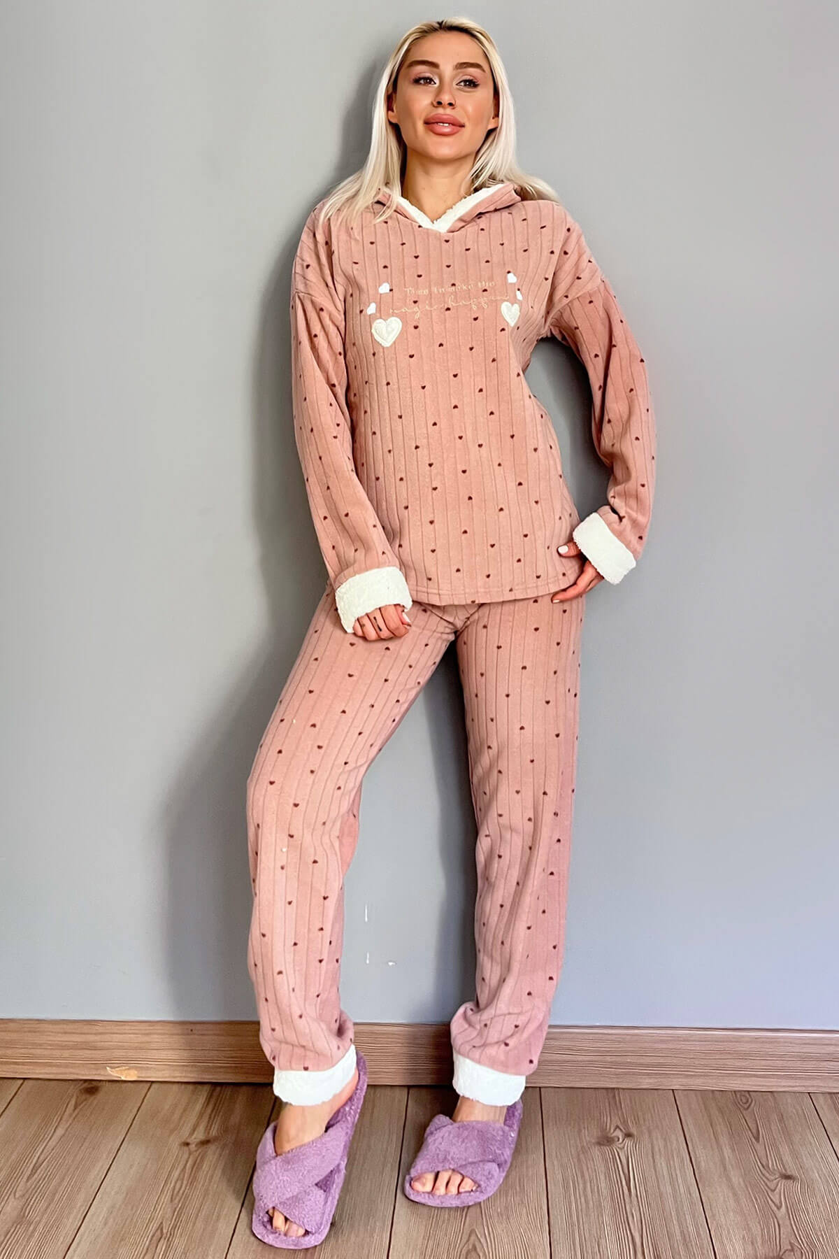 Kahve Heart Magic Desenli Kapşonlu Peluş Polar Pijama - 5