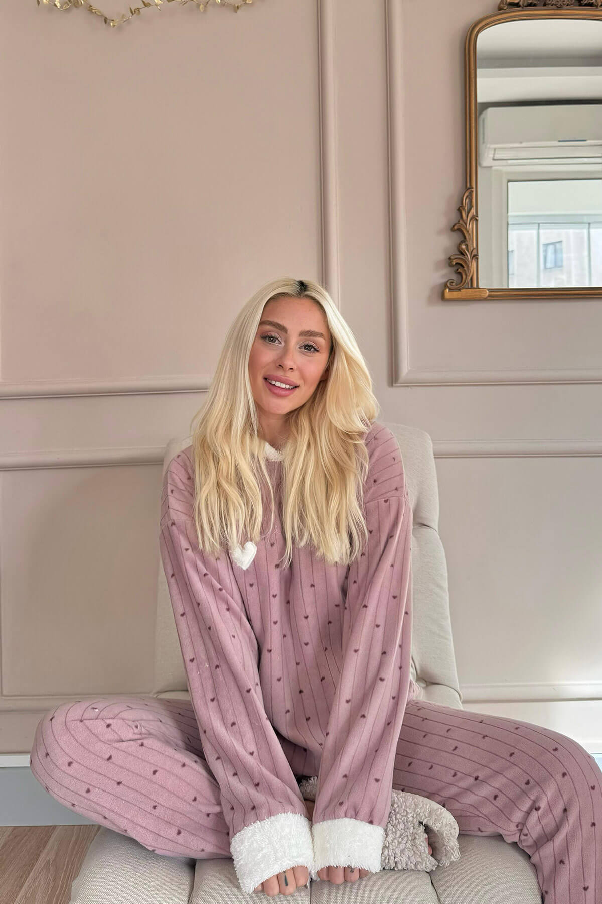 Kahve Heart Magic Desenli Kapşonlu Peluş Polar Pijama - 2