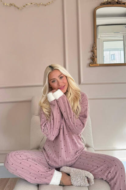 Kahve Heart Magic Desenli Kapşonlu Peluş Polar Pijama - 4