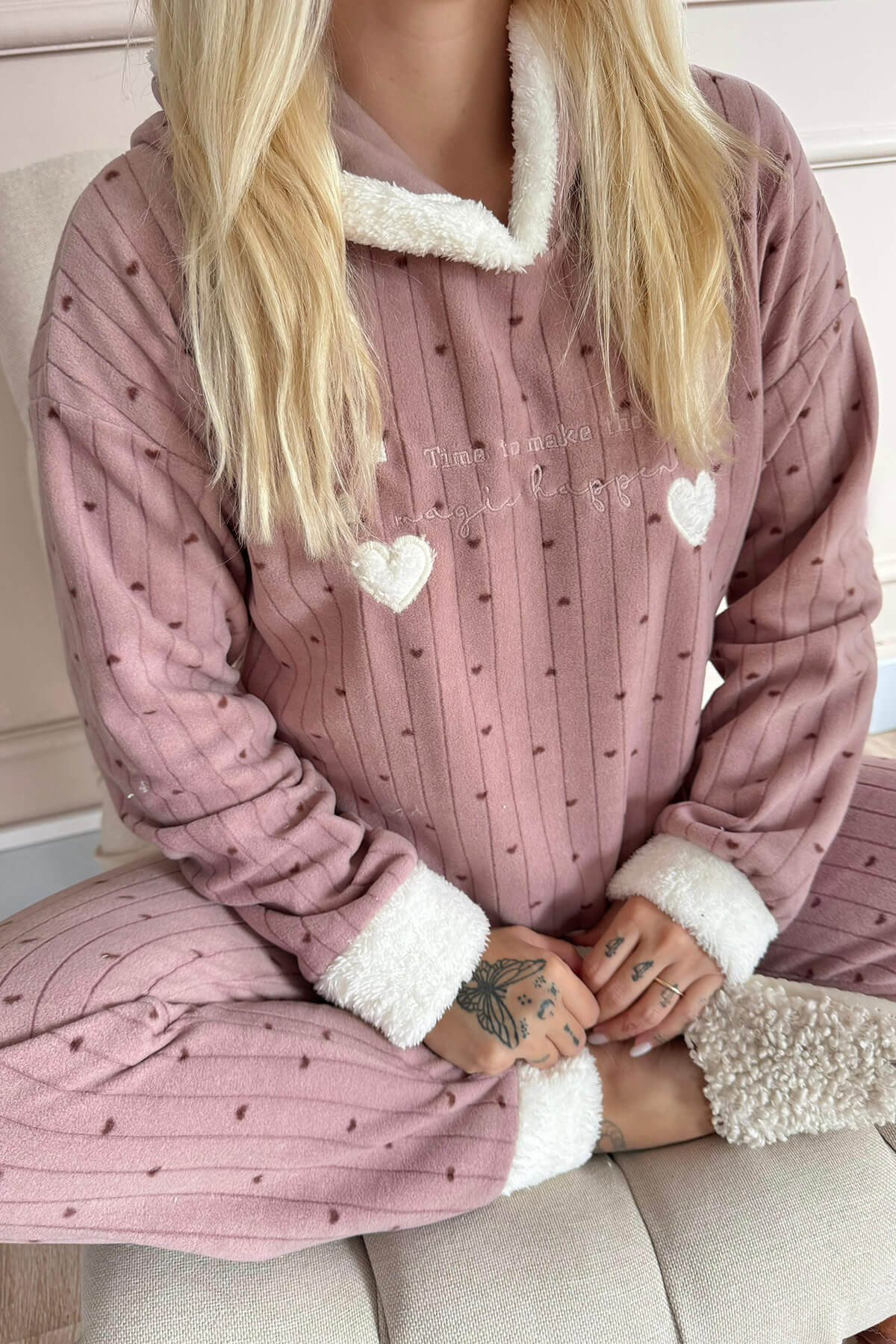 Kahve Heart Magic Desenli Kapşonlu Peluş Polar Pijama - 5