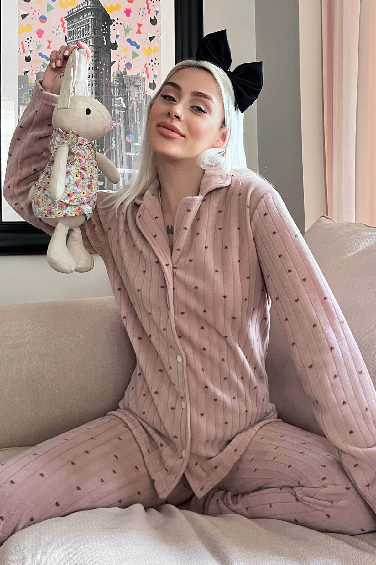 Kahve Kalp Desenli Önden Düğmeli Peluş Polar Pijama Takımı - 1