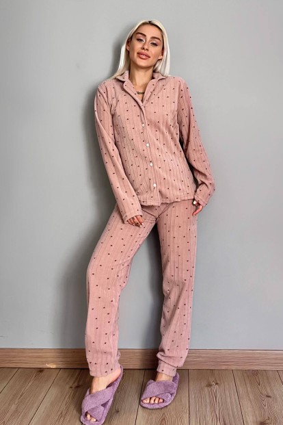 Kahve Kalp Desenli Önden Düğmeli Peluş Polar Pijama Takımı - 5