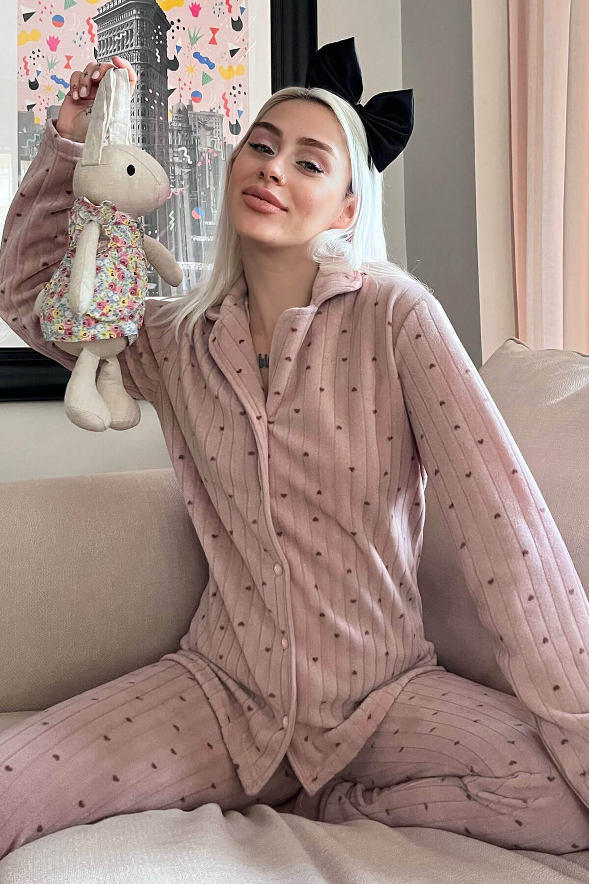 Kahve Kalp Desenli Önden Düğmeli Peluş Polar Pijama Takımı - 1