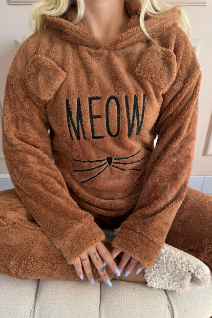 Kahve Meow Desenli Tam Peluş Pijama Takımı - 7