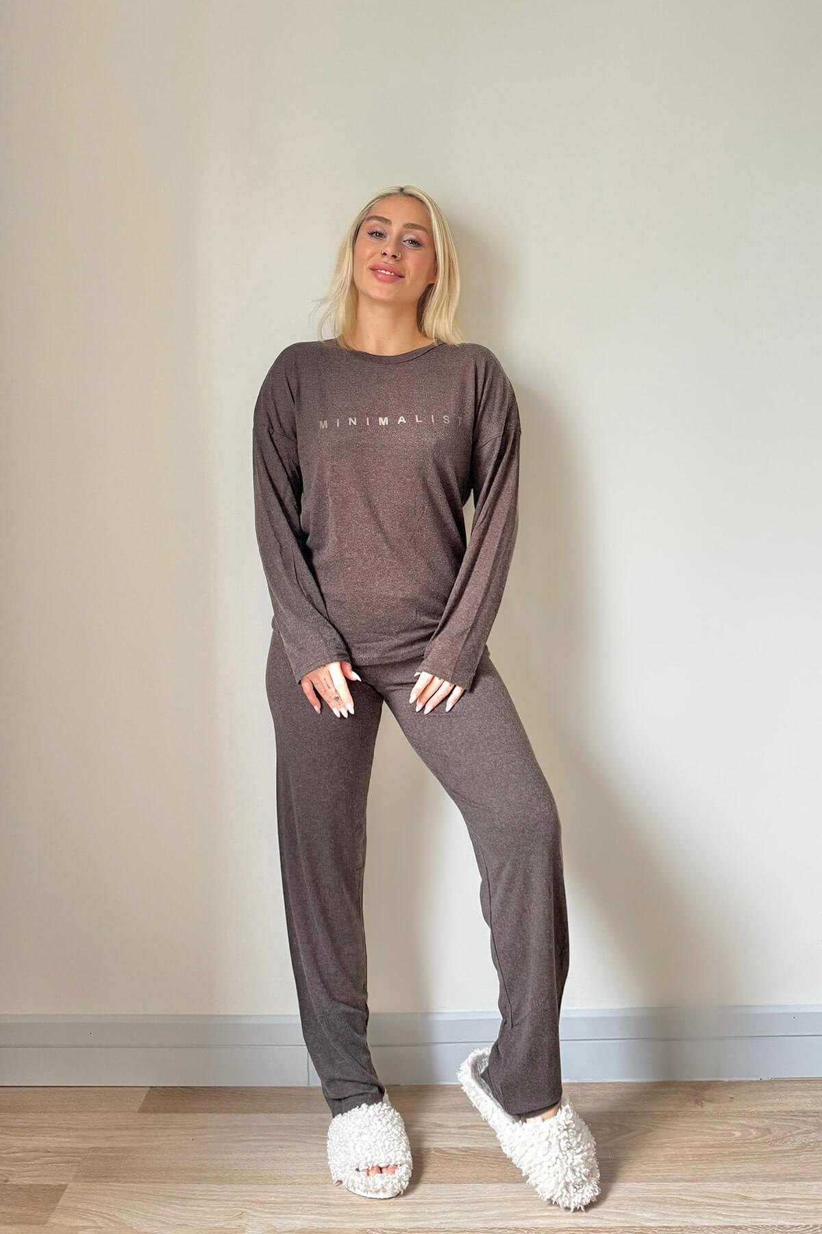 Kahverengi Minimalist Baskılı Bambu Uzun Kol Kadın Pijama Takımı - 5