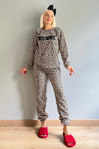 Kahverengi Wild Soul Desenli Peluş Polar Pijama Takımı - 4