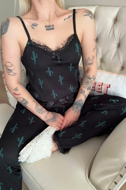 Kaktüs Dantelli İp Askılı Örme Kadın Pijama Takımı - 5
