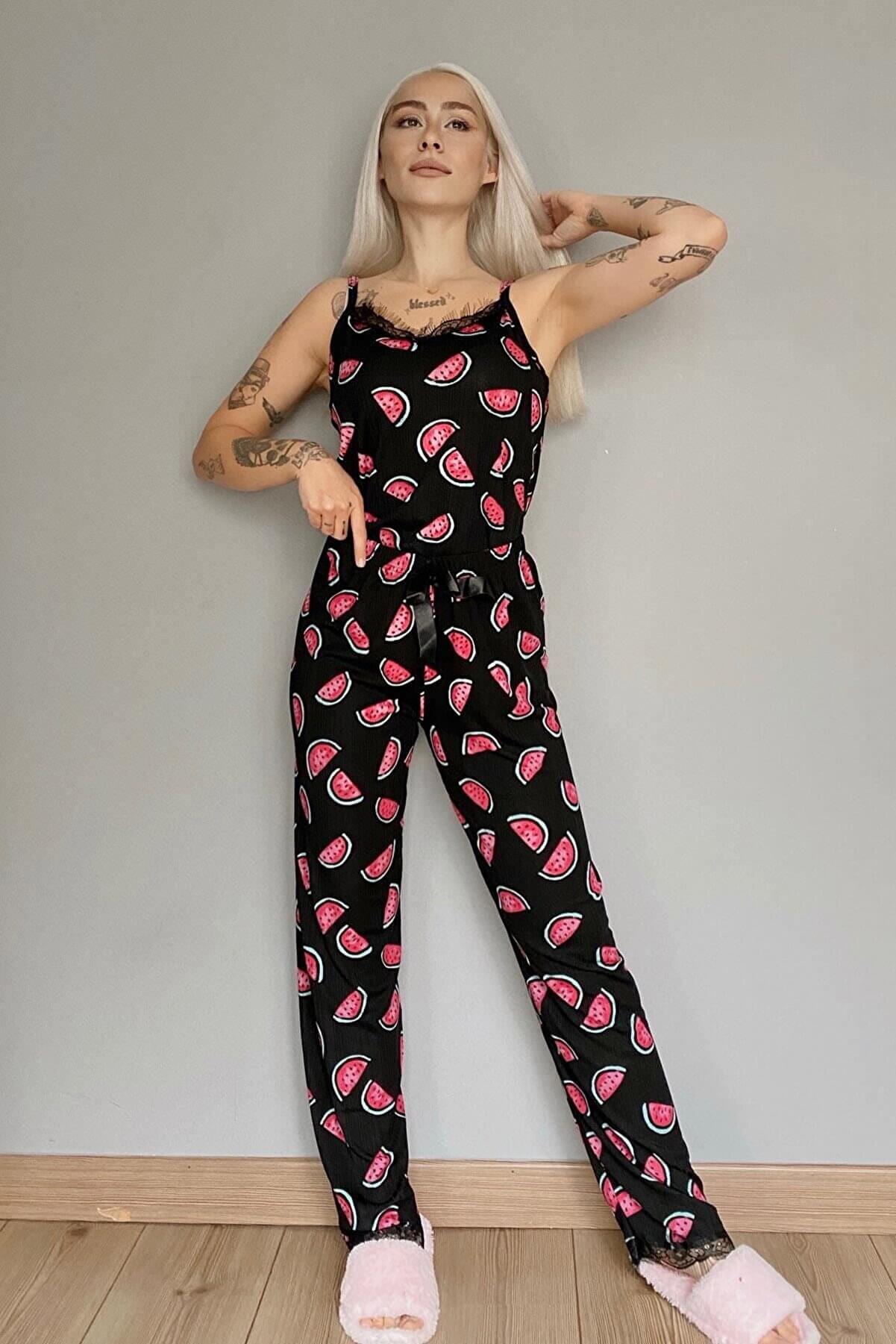 Karpuz Baskılı Dantelli İp Askılı Örme Kadın Pijama Takımı - 4