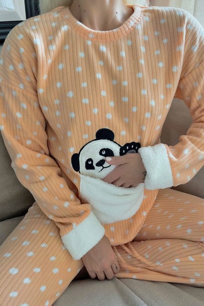 Kavuniçi Puan Big Panda Desenli Peluş Polar Pijama Takımı - 4