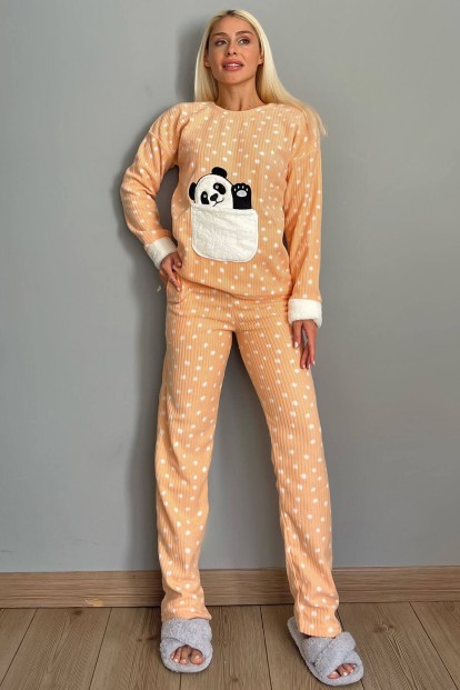 Kavuniçi Puan Big Panda Desenli Peluş Polar Pijama Takımı - 5