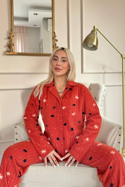 Kiremit Çam Desenli Önden Düğmeli Peluş Polar Pijama Takımı - 2