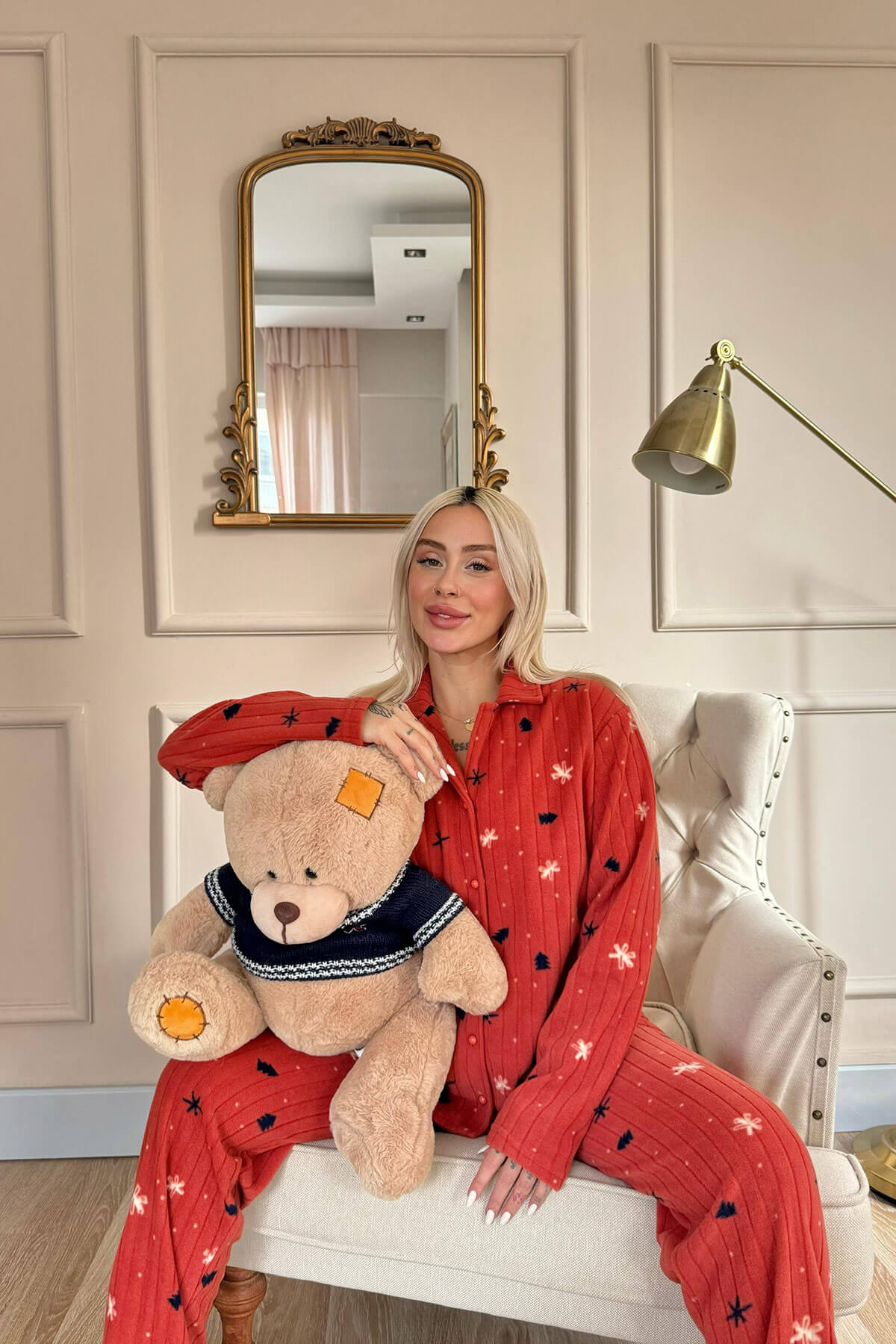 Kiremit Çam Desenli Önden Düğmeli Peluş Polar Pijama Takımı - 4