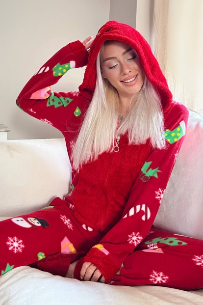 Kırmızı Crimson Desenli Kadın Polar Peluş Tulum Pijama 