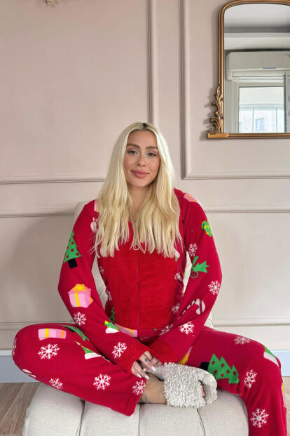 Kırmızı Crimson Desenli Kadın Polar Peluş Tulum Pijama - 3