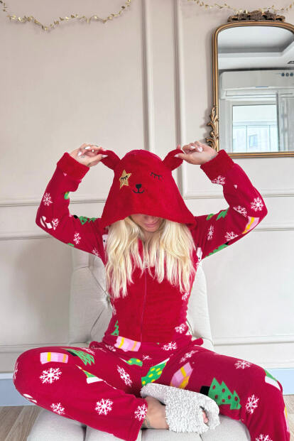 Kırmızı Crimson Desenli Kadın Polar Peluş Tulum Pijama - 4