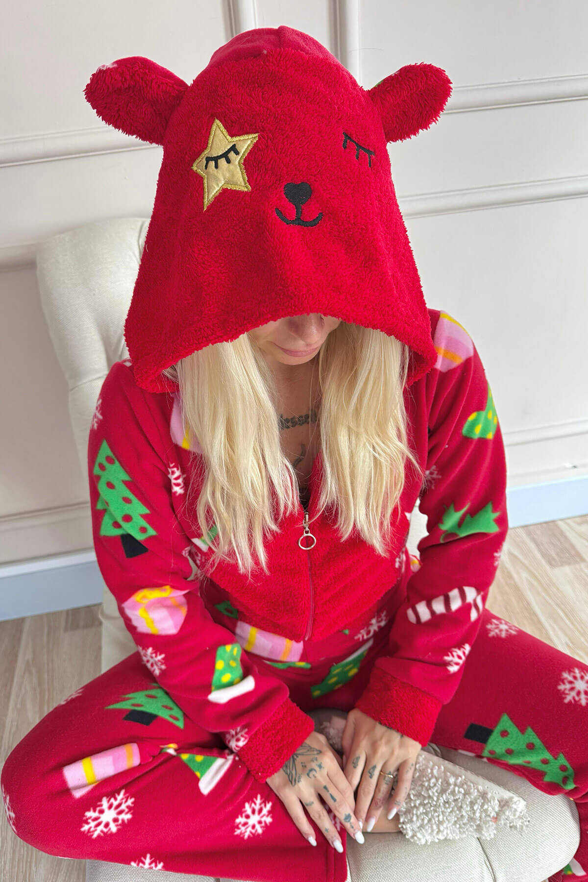 Kırmızı Crimson Desenli Kadın Polar Peluş Tulum Pijama - 5