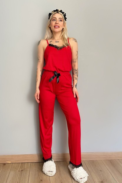 Kırmızı Dantelli İp Askılı Örme Kadın Pijama Takımı - 5