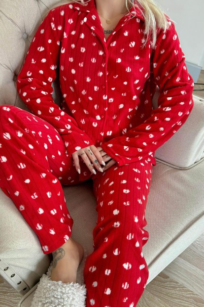 Kırmızı Debesis Desenli Önden Düğmeli Peluş Polar Pijama Takımı - 5