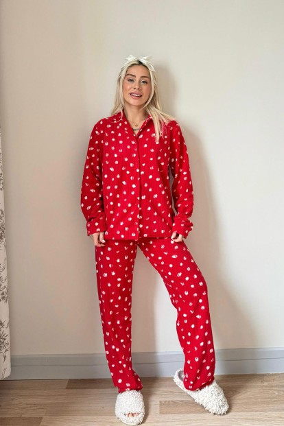 Kırmızı Debesis Desenli Önden Düğmeli Peluş Polar Pijama Takımı - 6