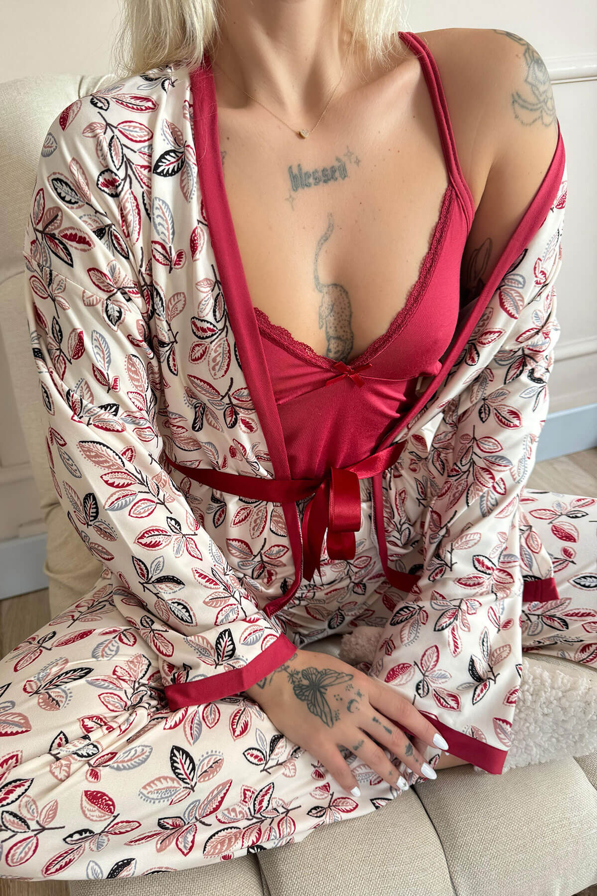 Kırmızı Flore Exclusive Örme Sabahlıklı Kadın Pijama Takımı - 6