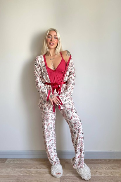 Kırmızı Flore Exclusive Örme Sabahlıklı Kadın Pijama Takımı - 7