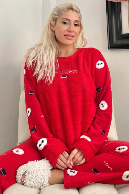 Kırmızı Heart Love Desenli Kadın Peluş Pijama Takımı 