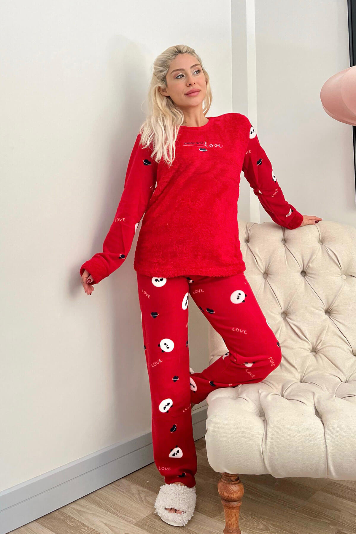 Kırmızı Heart Love Desenli Kadın Peluş Pijama Takımı - 4