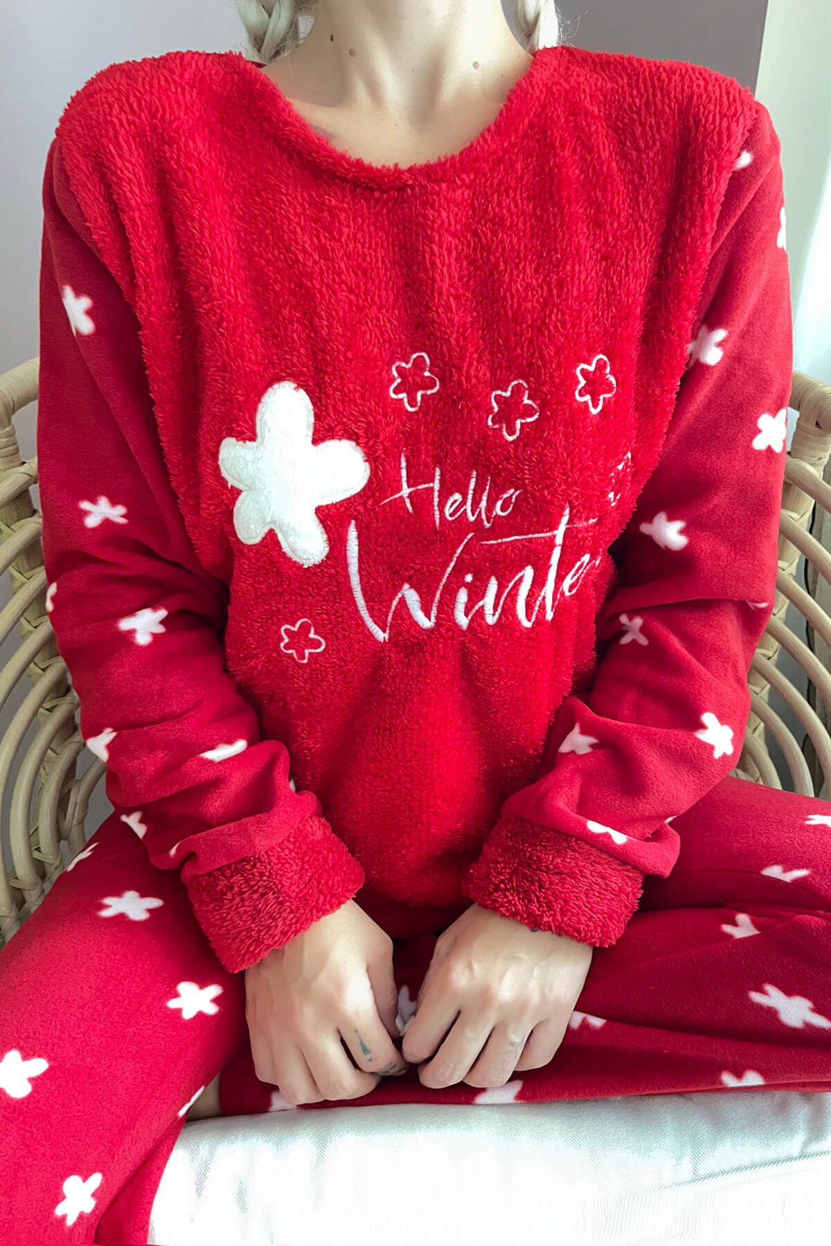 Kırmızı Hello Winter Desenli Kadın Peluş Pijama Takımı - 5