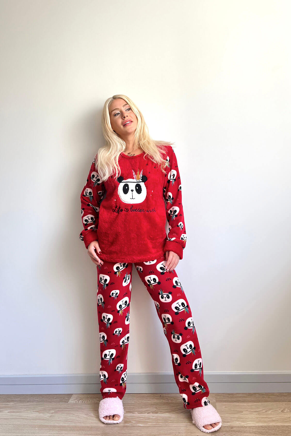 Kırmızı Life Panda Desenli Kadın Peluş Pijama Takımı - 5