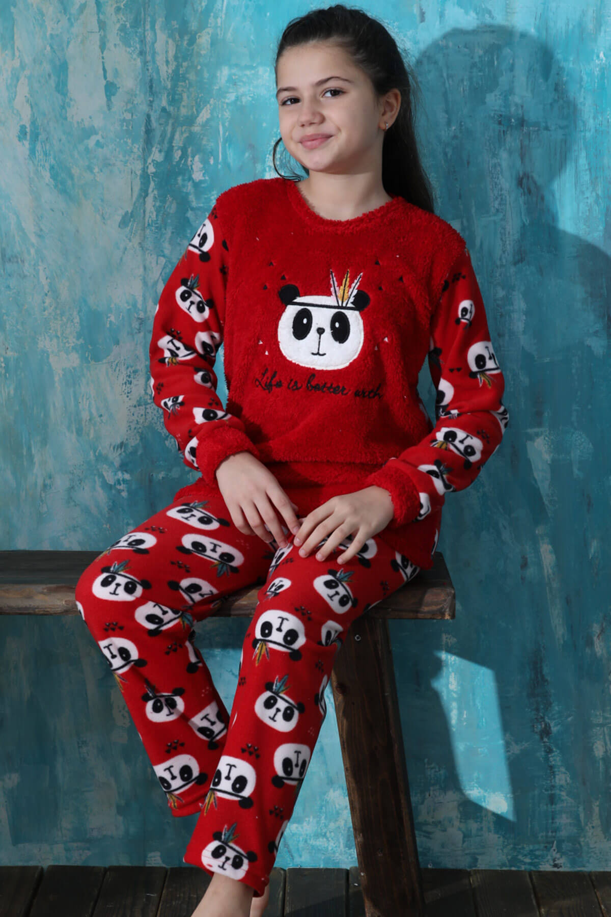 Kırmızı Life Panda Desenli Kız Çocuk Peluş Pijama Takımı - 1