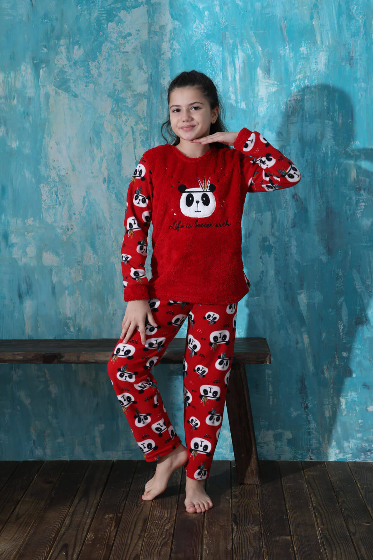 Kırmızı Life Panda Desenli Kız Çocuk Peluş Pijama Takımı - 4