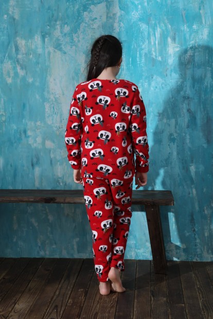 Kırmızı Life Panda Desenli Kız Çocuk Peluş Pijama Takımı - 5