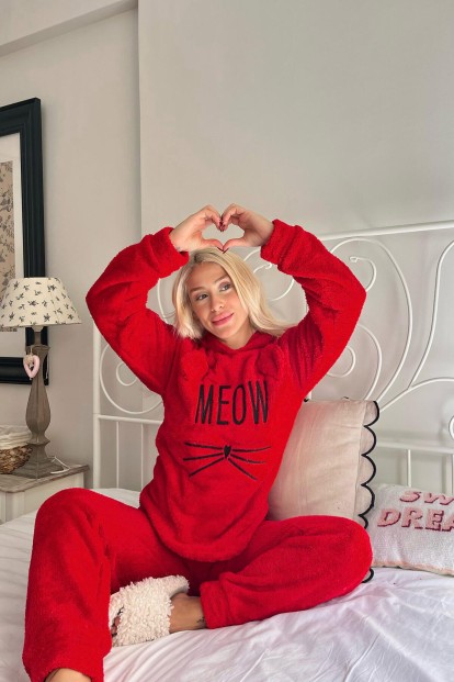 Kırmızı Meow Desenli Tam Peluş Pijama Takımı - 2