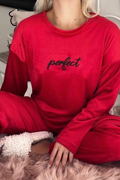 Kırmızı Perfect Desenli Exclusive Kadife Kadın Pijama Takımı  - 4