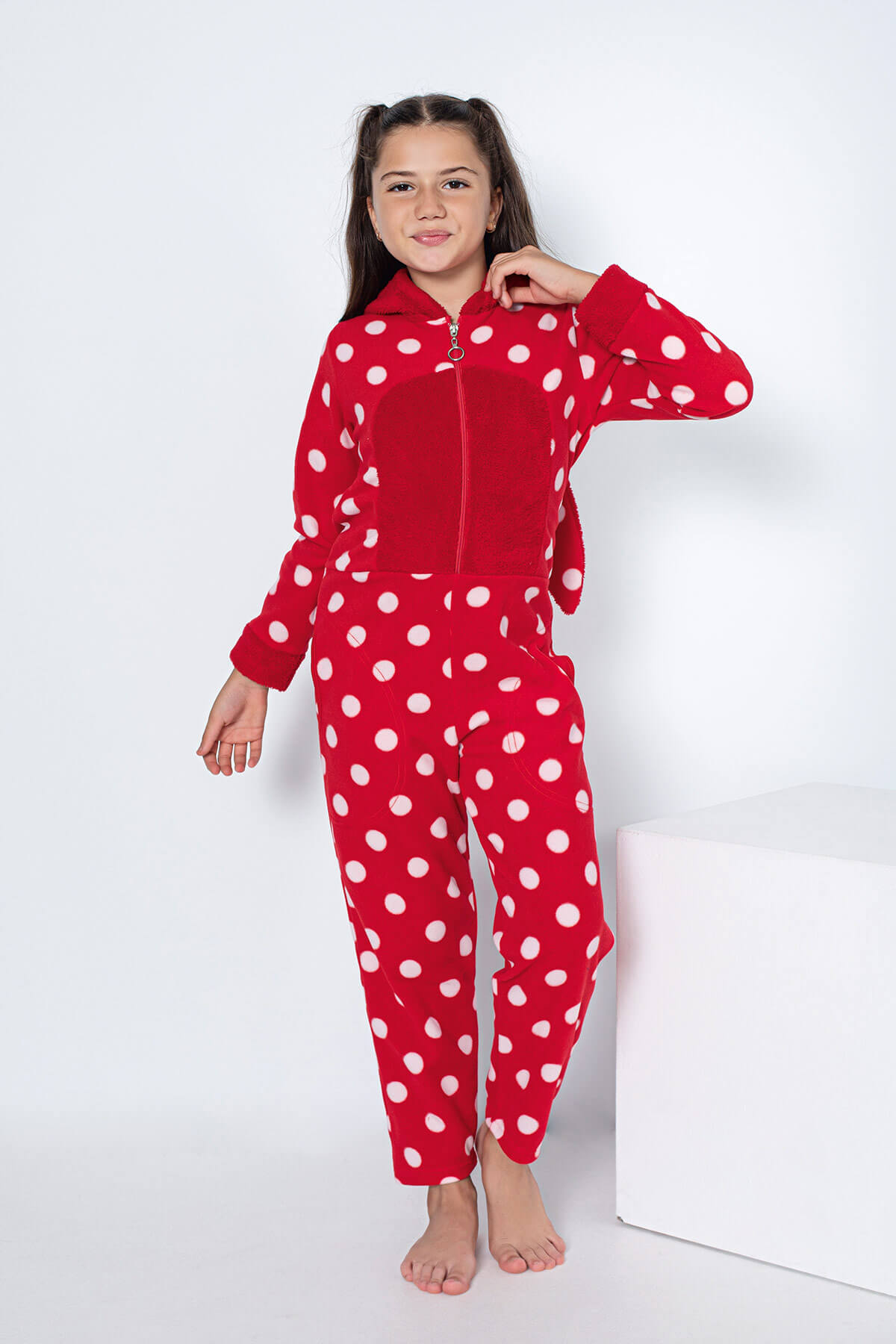 Kırmızı Puan Desenli Kız Çocuk Polar Peluş Tulum Pijama - 2