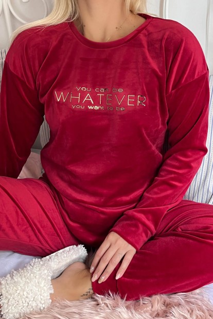 Kırmızı Whatever Desenli Exclusive Kadife Kadın Pijama Takımı  - 4