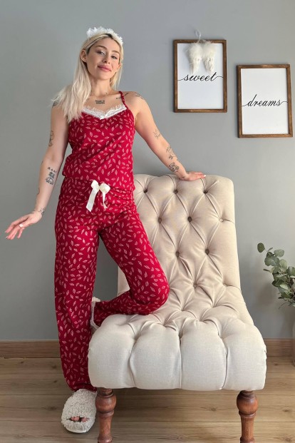 Kırmızı Yaprak Dantelli İp Askılı Örme Kadın Pijama Takımı - 5