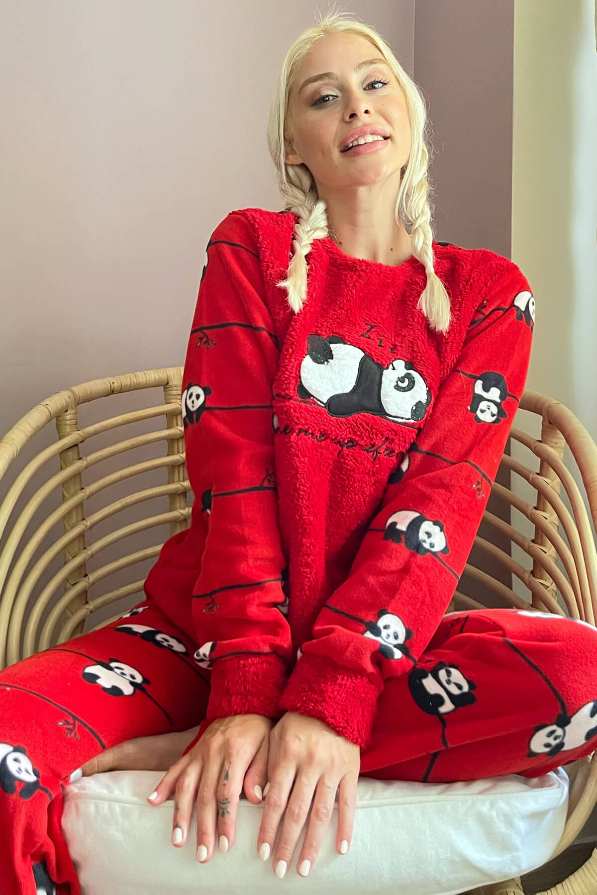 Kırmızı Zzz Wake Desenli Kadın Peluş Pijama Takımı - 1