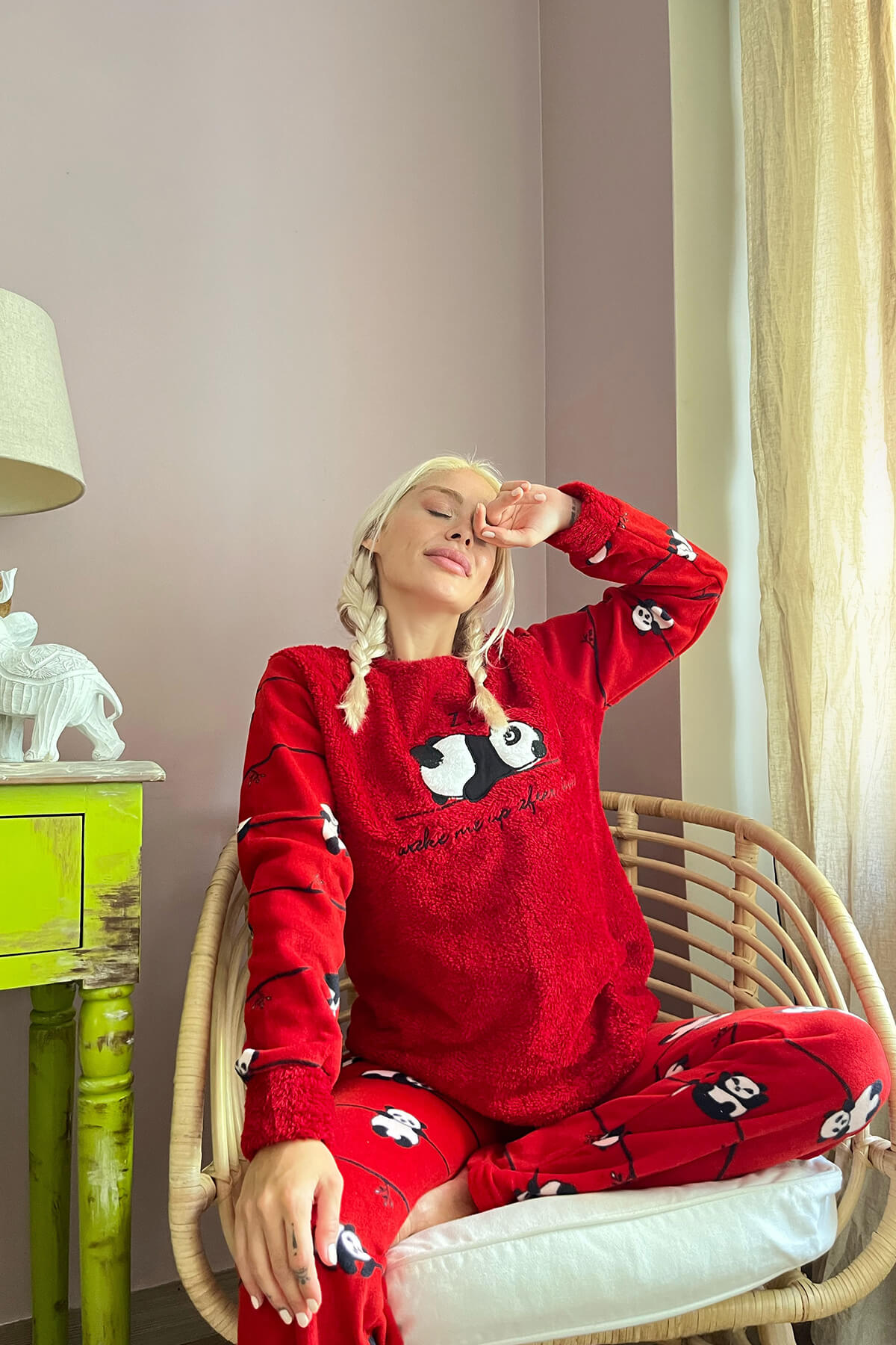 Kırmızı Zzz Wake Desenli Kadın Peluş Pijama Takımı - 2