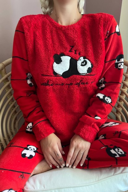 Kırmızı Zzz Wake Desenli Kadın Peluş Pijama Takımı - 5