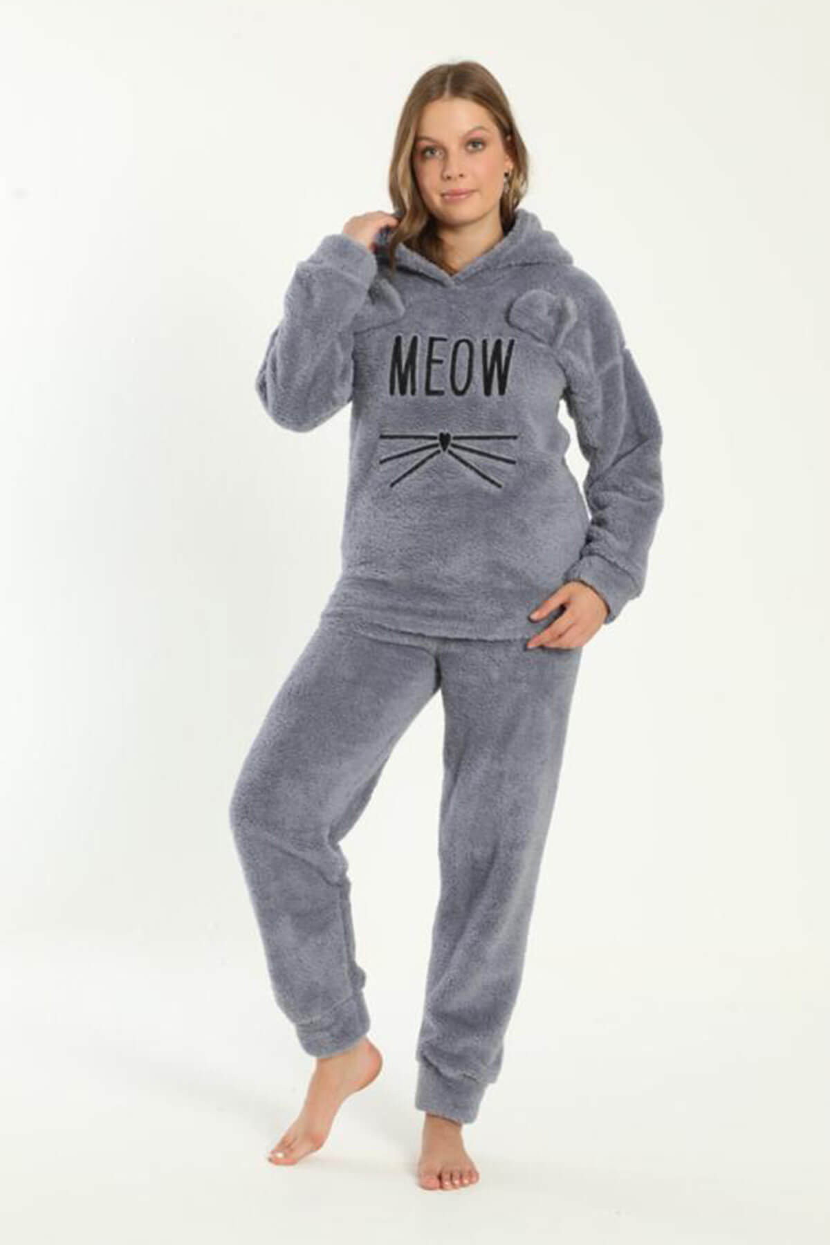 Koyu Gri Meow Desenli Tam Peluş Pijama Takımı - 2