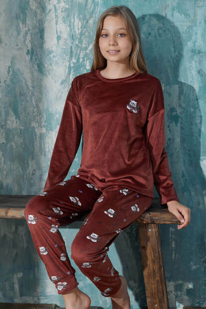 Koyu Kahve Kaşkol Ayıcık Desenli Exclusive Kadife Kız Çocuk Pijama Takımı  