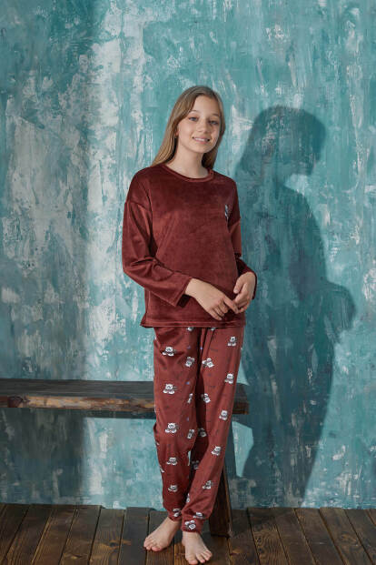 Koyu Kahve Kaşkol Ayıcık Desenli Exclusive Kadife Kız Çocuk Pijama Takımı  - 3