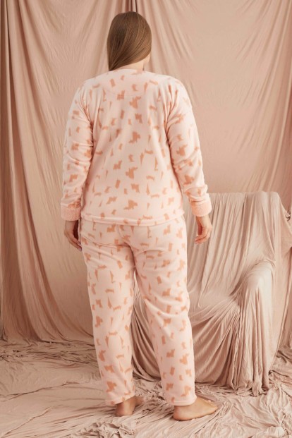 Krem You Desenli Büyük Beden Battal Peluş Pijama Takımı - 3