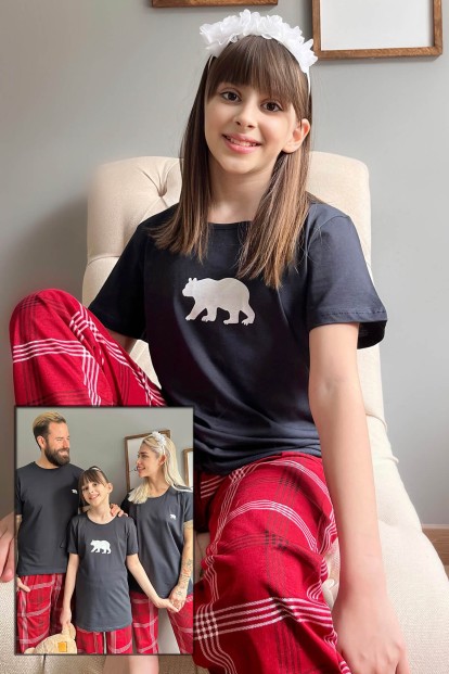 Lacivert Bear Kısa Kol Anne Kız Aile Pijaması - Çocuk Takımı - 1