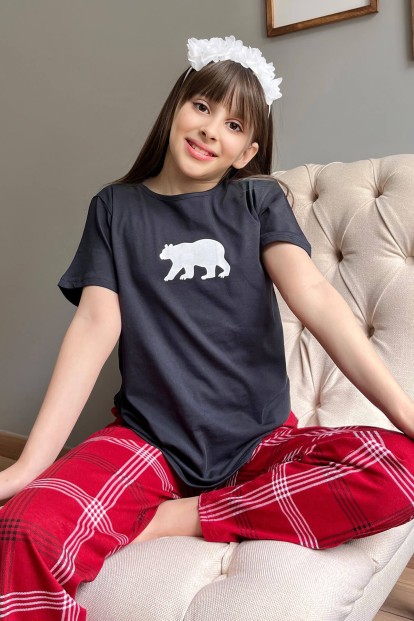 Lacivert Bear Kısa Kol Anne Kız Aile Pijaması - Çocuk Takımı - 2