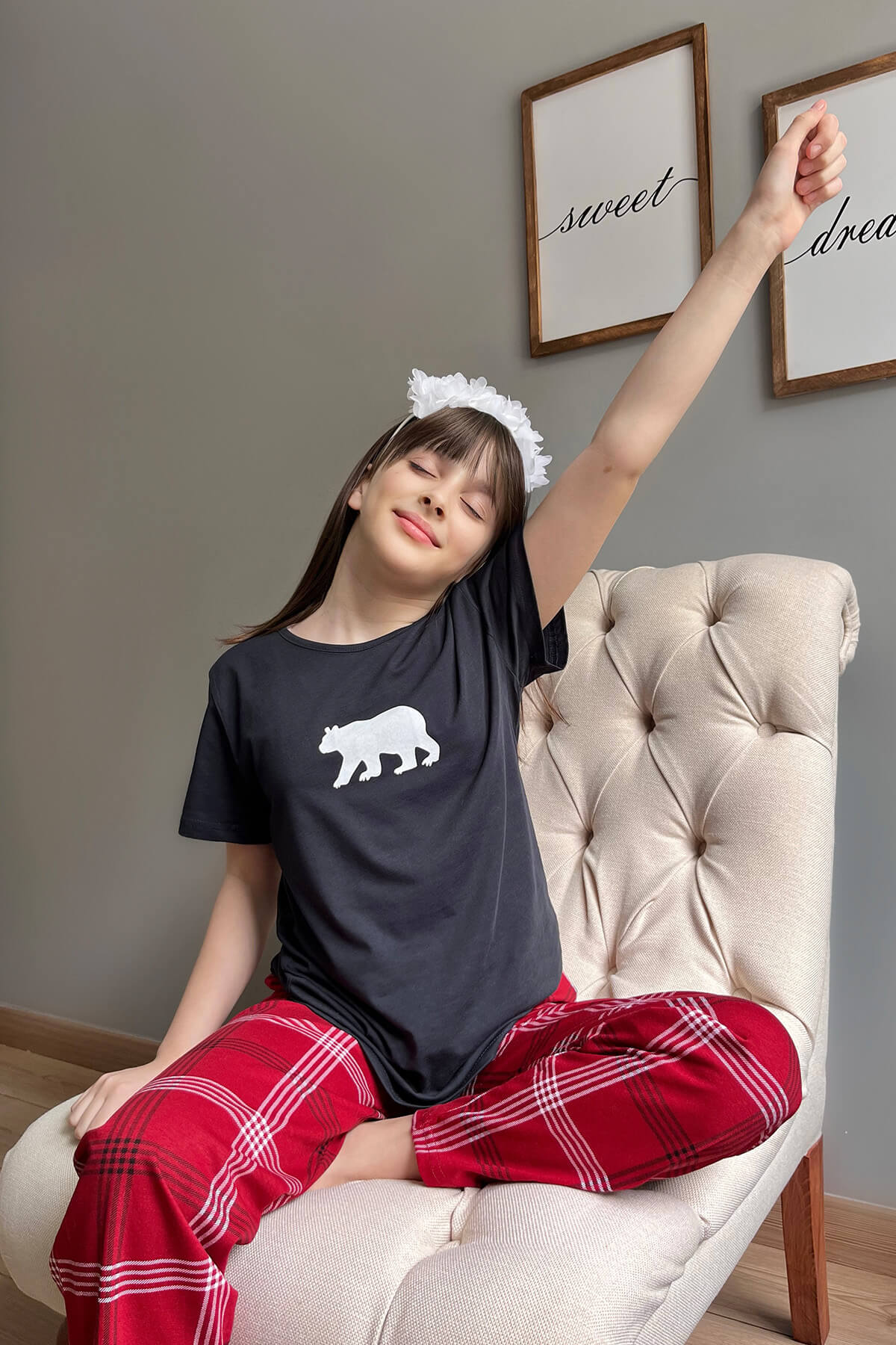 Lacivert Bear Kısa Kol Anne Kız Aile Pijaması - Çocuk Takımı - 3
