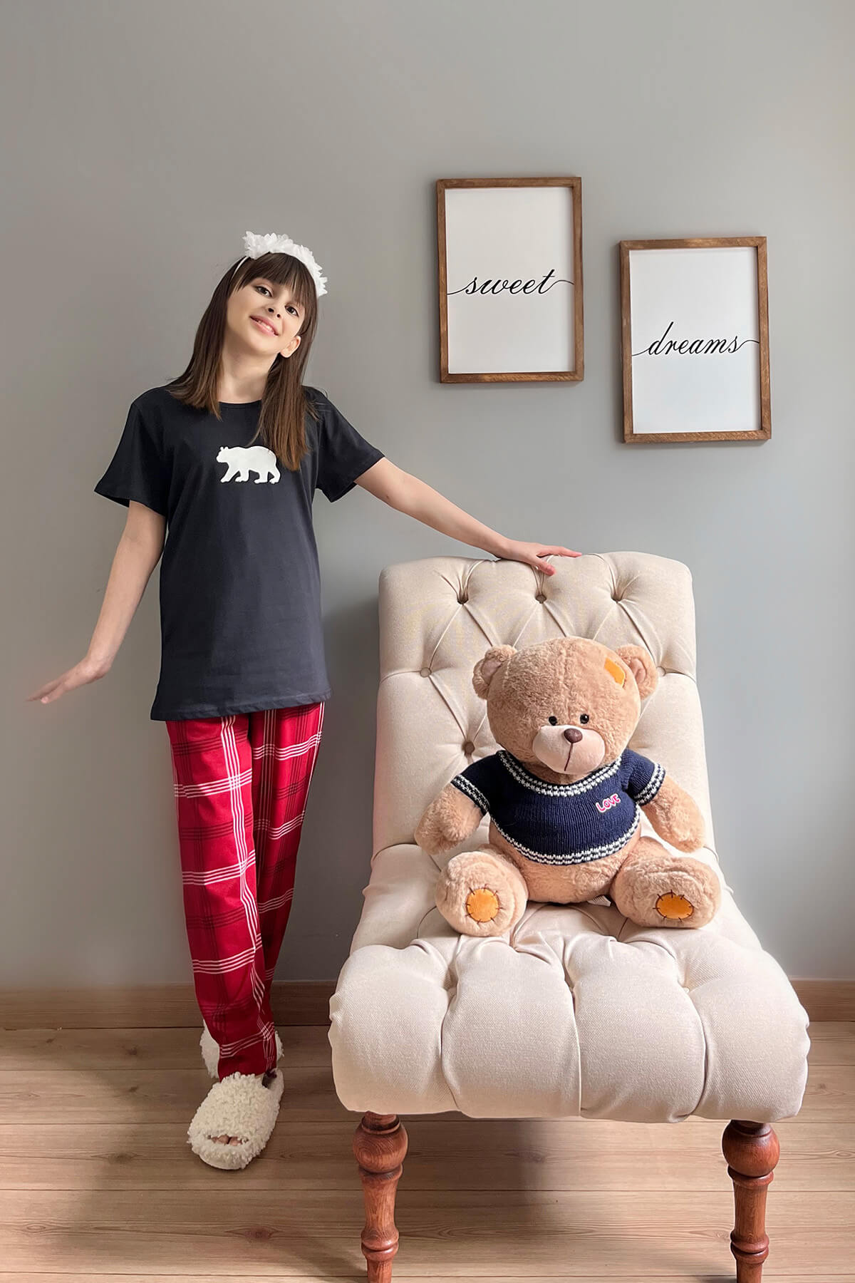 Lacivert Bear Kısa Kol Anne Kız Aile Pijaması - Çocuk Takımı - 5